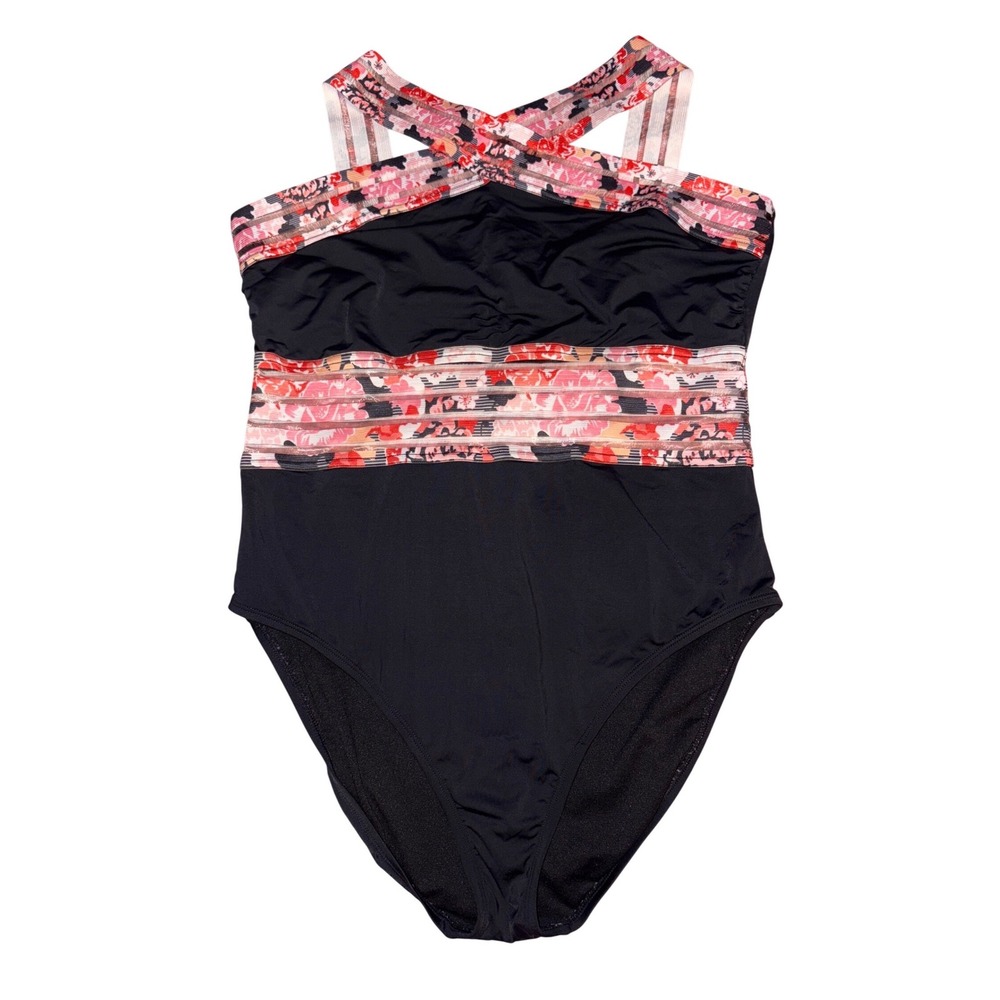 Hilor Womens Black One Piece Swimsuit Floral‎ Crisscross Back Tummy Control, XL
